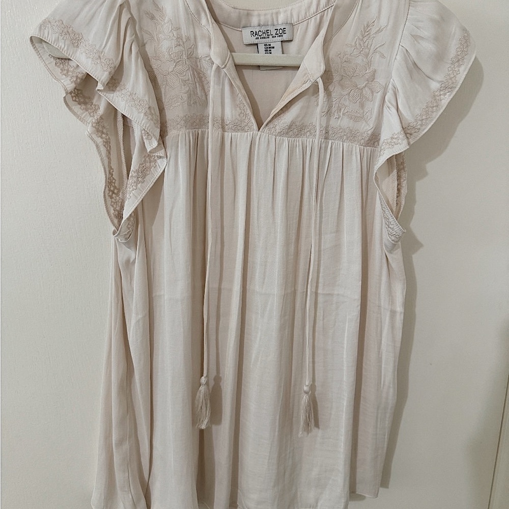Rachel Zoe Cream Ruffled Blouse with V-Neck and Cap Sleeves